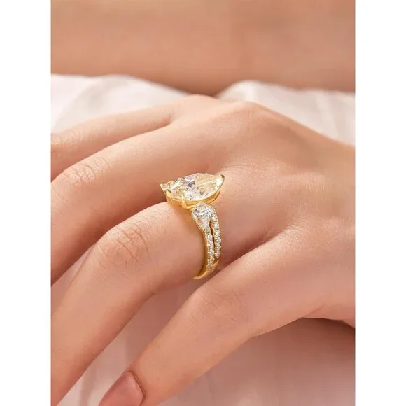 3.5CT Marquise Cut Inset Engagement Ring Set, S925 Silver 5A Cubic Zirconia Brid